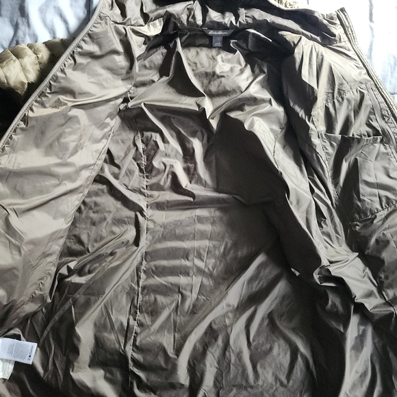 EDDIE BAUER MID LENGTH PUFFER DOWN ZIP HOODED JACKET BRONZE METALLIC WOMENS LG - Picture 12 of 16